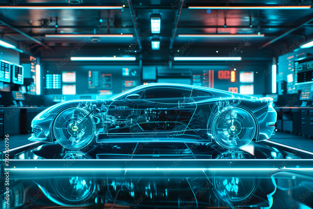 X-Ray Vision of a Futuristic Sports Car in a High-Tech Laboratory Environment