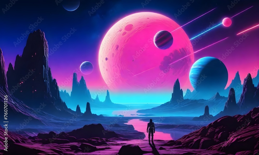 a person standing on rocky terrain with a large pink and purple moon in the sky