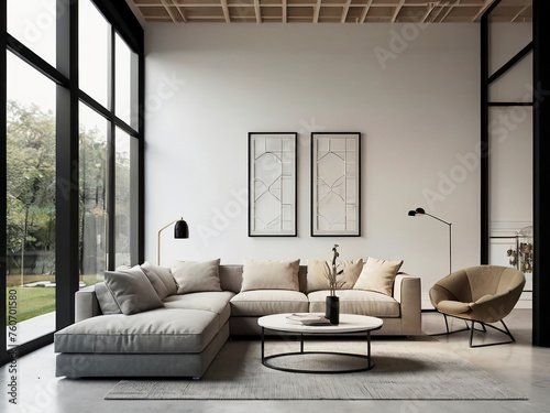 living room interior mockup, modern furniture and decorative arch with trendy dried flowers with white sofa and armchair on the White Background