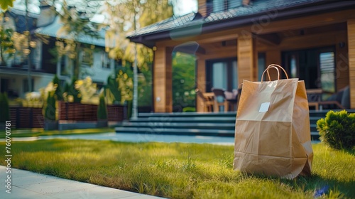 Paper food bag delivery standing near house door. Background concept