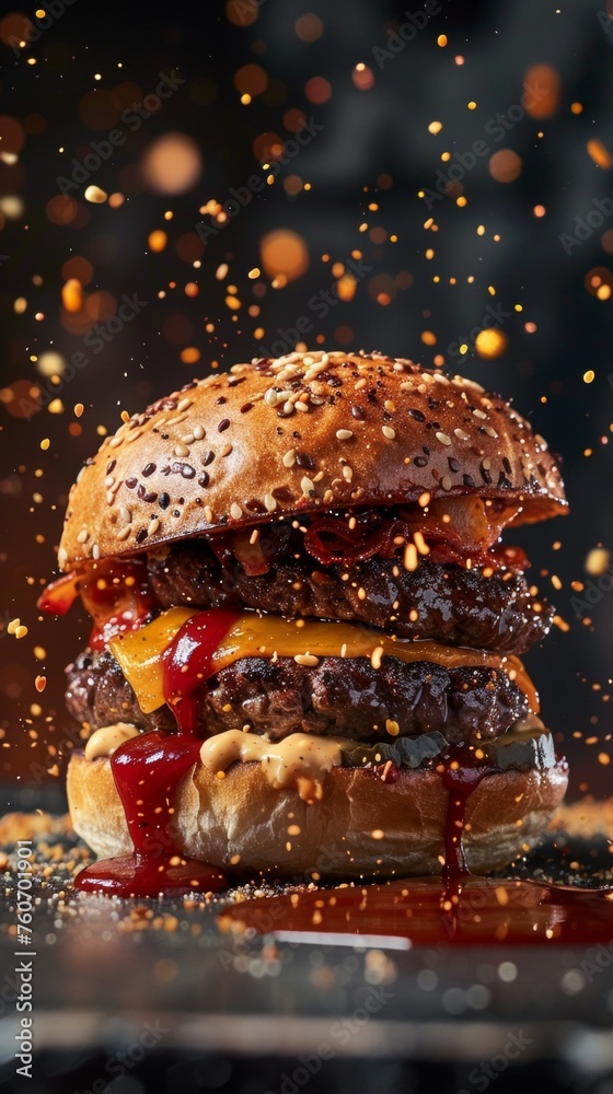 A juicy double beef burger is topped with melted cheese, fresh tomato, and glistening sauce, all nestled between a golden-brown sesame-seed bun A juicy double beef burger is topped with melted cheese, fresh tomato, and glistening sauce, all nestled between a golden-brown sesame-seed bun