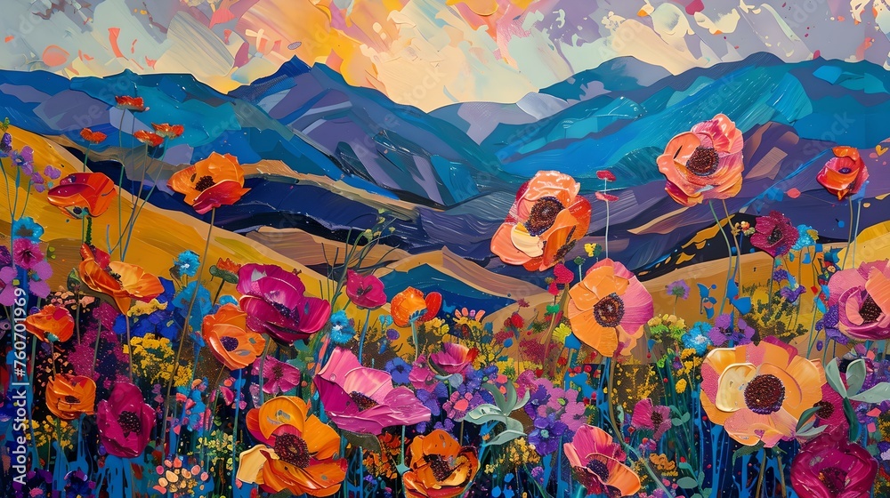 Vibrant ai-generated landscape painting with blooming flowers and majestic mountains. bold colors, modern impressionistic style. perfect for decor or gallery. AI