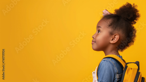 A schoolgirl girl with a backpack behind her back stands against bright background with copyspace for text. Back to school concept