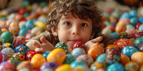 A young child happily plays in a colorful eggs pit filled with various Easter eggs.