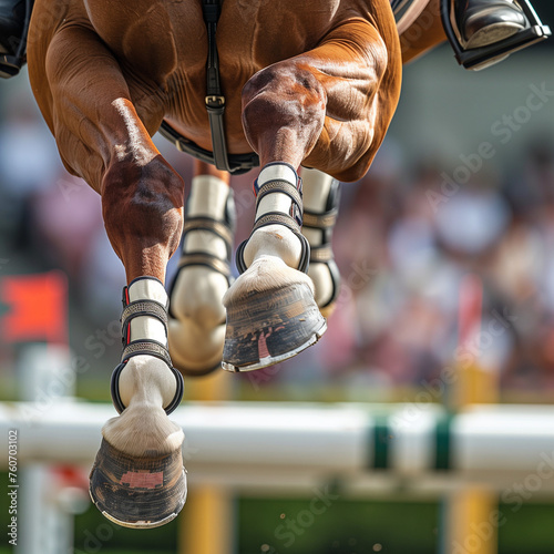 Close-up of a horse's hooves barely touching the top bar of a jump © Anastasiya