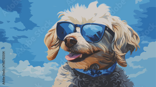 Poodle dog portrait, Oil painting, Blue sky, White, Sunglasses, Wallpaper, Poster. Pet with sunglasses and tongue hanging out. Blue sky with white clouds in the background.