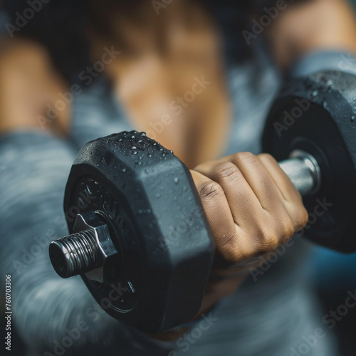 Close-up of a woman's hands gripping dumbbells tightly
