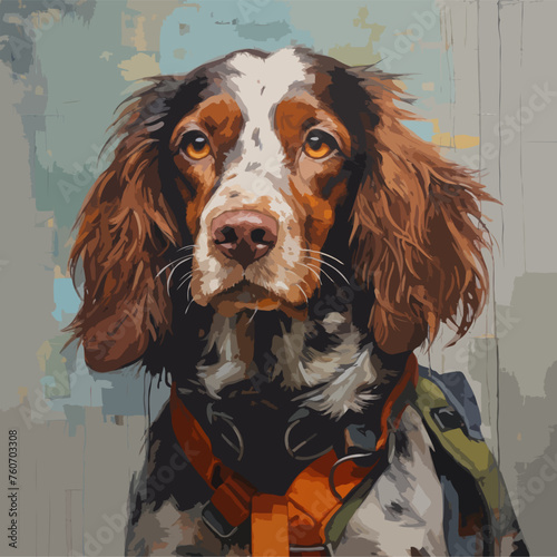 SPRINGER SPANIEL DOG. Painting, Oil canvas portrait, Brown, White, Animal. White and brown disheveled fur feline with collar. Message against abandonment. Inspires tenderness. Artistic design.