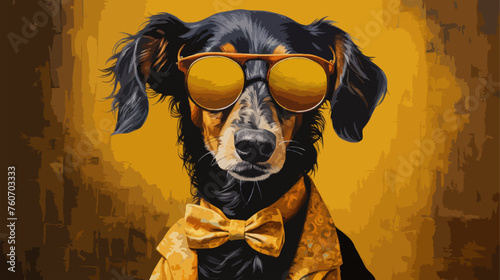 3d ironic portrait, Dog, Retro, Vintage, Yellow, Sunglasses, Bowtie, Extravagant. VERY RETRO DOGGY. A black haired dog with dark yellow sunglasses and bowtie. Same color used for the background.
