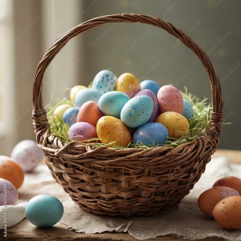 Basket of Easter eggs, basket with colorful eggs Basket of Easter eggs, basket with colorful eggs