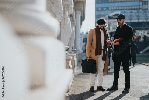 Two stylish businessmen in winter coats engaging in a discussion with a notebook outdoors, embodying teamwork and professionalism.