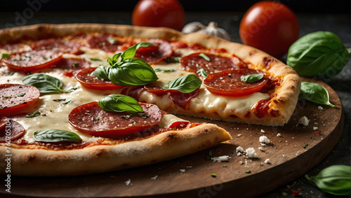 sliced Pepperoni Pizza with Mozzarella cheese, salami, Tomatoes, pepper, Spices and Fresh Basil. Italian pizza