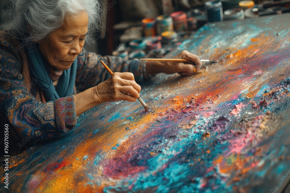 A senior woman is creating an artwork with vibrant colors on a large canvas, expressing her creativity and experience A senior woman is creating an artwork with vibrant colors on a large canvas, expressing her creativity and experience