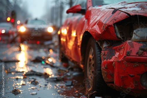 Wrecked red car detailing the destruction caused by a traffic collision on a rainy street photo