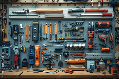 A high-resolution image showcasing an expansive array of neatly arranged tools and implements in a well-organized workshop setup