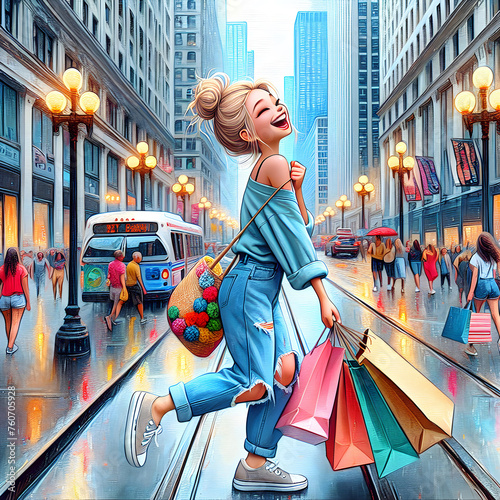A joyful animated character is depicted with a cheerful expression while carrying multiple shopping bags on a big city street photo