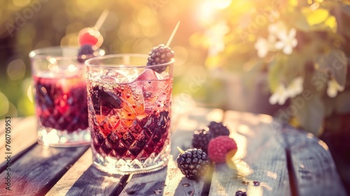 Blackberry mocktails with blackberry skewers ready for drinking on a bright sunlit table.