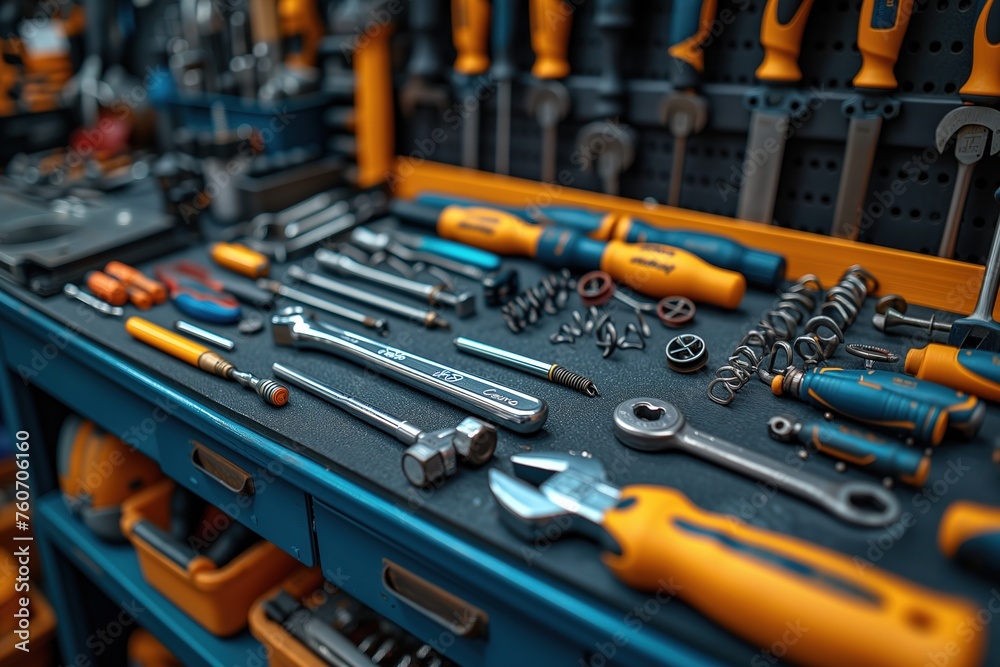 Detailed image capturing a close-up of various professional-grade tools meticulously arranged in a well-organized toolbox Detailed image capturing a close-up of various professional-grade tools meticulously arranged in a well-organized toolbox