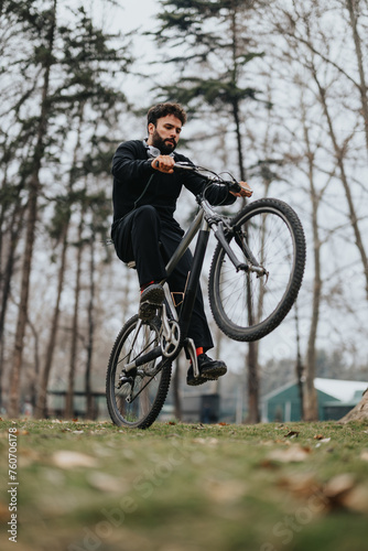 Focused man performing bicycle stunt in a forested park setting.