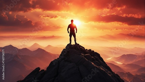 Beautiful shot of a person standing on top of a mountain looking at sunset