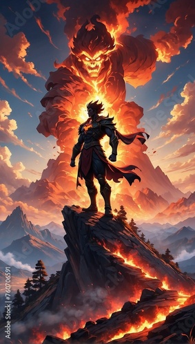 Illustration of a fantasy powerful superhero standing on top of a mountain