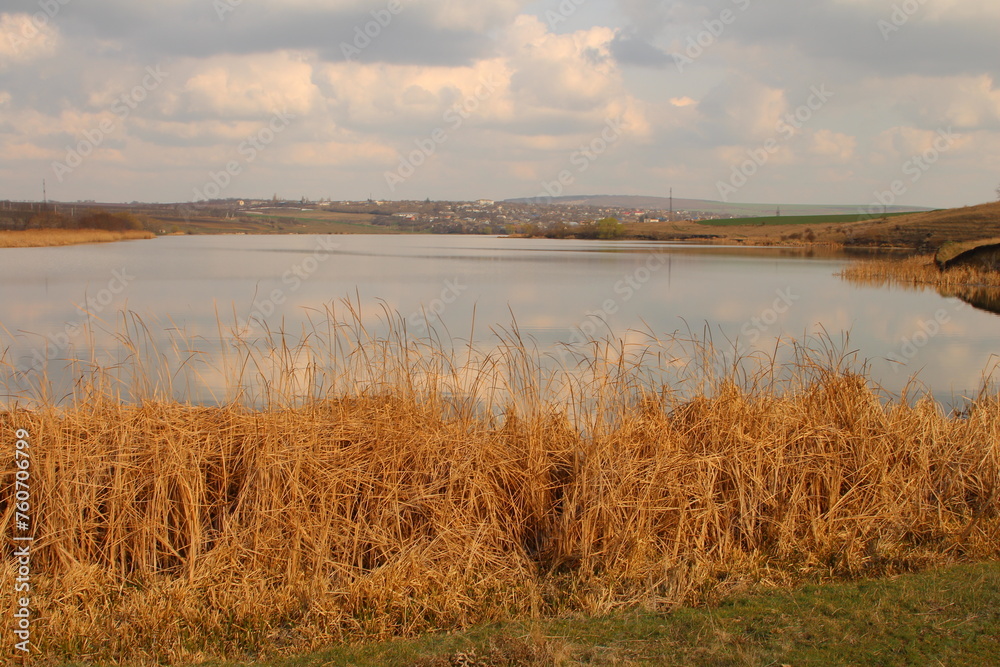 A body of water with grass and a land in the background