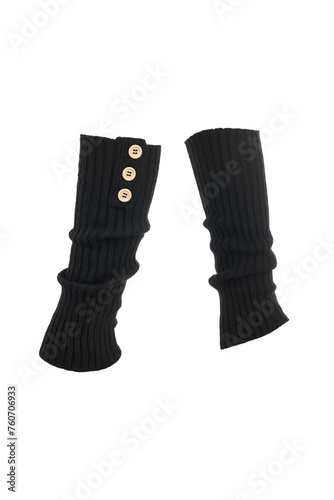 Subject shot of black ribbed leg warmers with buttons. Long gaiters are isolated on the white background. Side view.