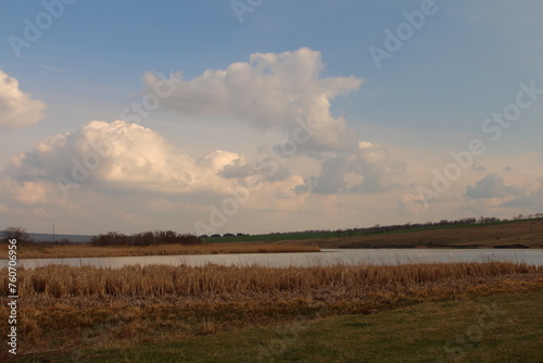 A field with water and clouds