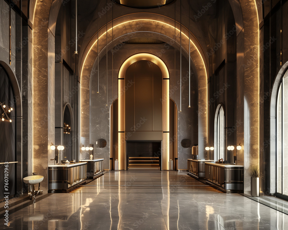 In a fluid 3D render an elegant art deco lobby comes to life under majestic