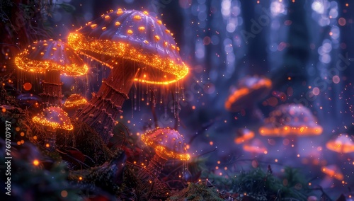 A fantasythemed digital art of glowing mushrooms in an enchanted forest, with vibrant colors and magical elements. © Photo And Art Panda