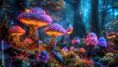 A fantasythemed digital art of glowing mushrooms in an enchanted forest, with vibrant colors and magical elements.