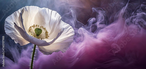 Biały kwiat mak. Abstrakcyjne fioletowe tło, dym