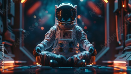 Astronaut sitting inside his space suit on top of a spaceship in yoga pose, epic, 