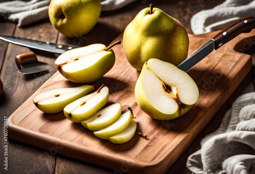 Juicy pears being skillfully sliced on a wooden cutting board, the sharp knife capturing each precise movement in high-definition clarity.