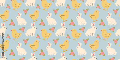 Cute Easter pattern with bunnies, chicks and flowers in pastel colors. Seamless design in doodle style. Endless Illustration with animals. White rabbits with botanical elements on blue background