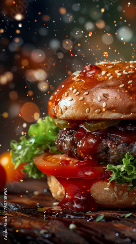 Gourmet Cheeseburger With Fresh Vegetables and Sparkling Background
