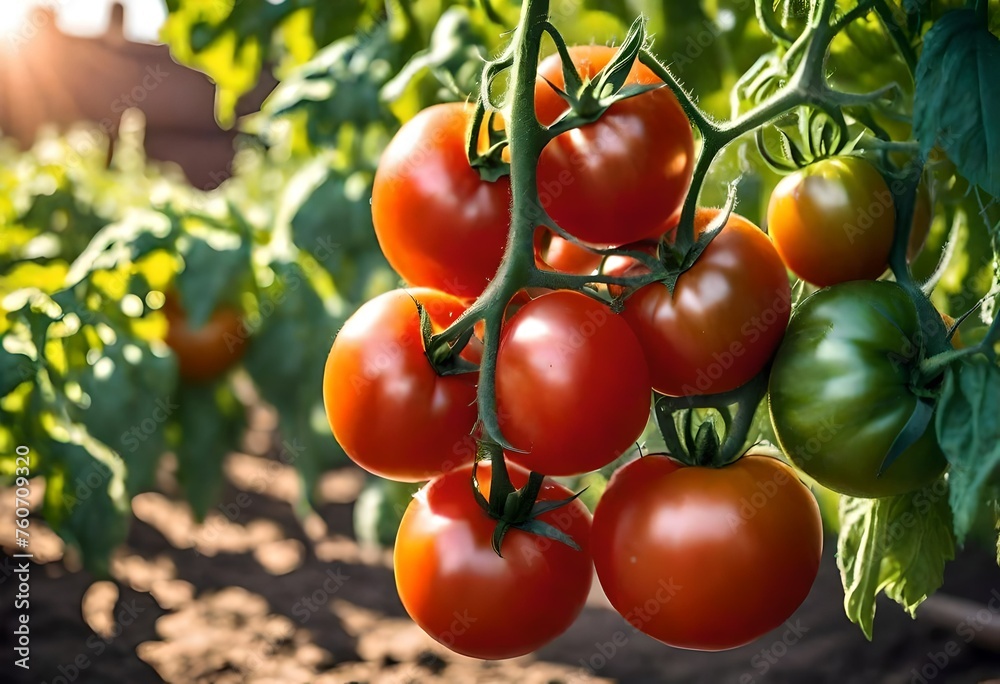 A close-up shot of ripe tomatoes glistening under the sunlight in a rustic vegetable garden.