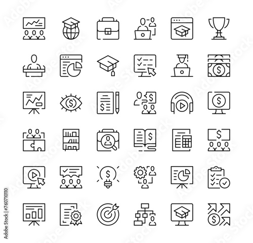 Business training icons set. Vector line icons. Black outline stroke symbols