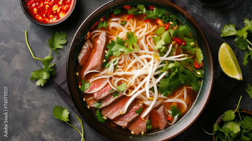 A bowl of pho with rice noodles, beef slices, bean sprouts, and herbs, in a hot broth, served with lime wedges and chili sauce.