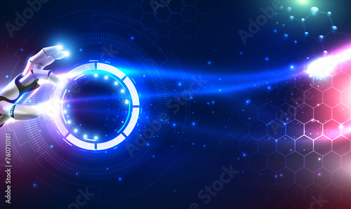 Futuristic technology robot hand touching on HUD digital display big data network connection, Science and artificial intelligence technology, innovation, AI, Machine learning. Technology Vector EPS10.