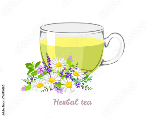 Herbal tea in transparent glass cup. Vector cartoon illustration of healthy drink and fresh flowers.