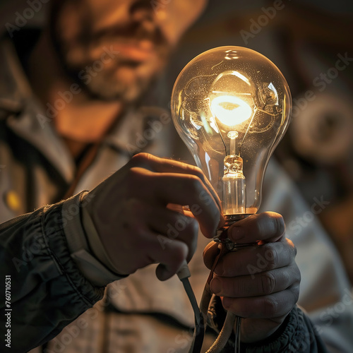 Bulb in hand. Close-up of an electrician screwing in a light bulb. photo