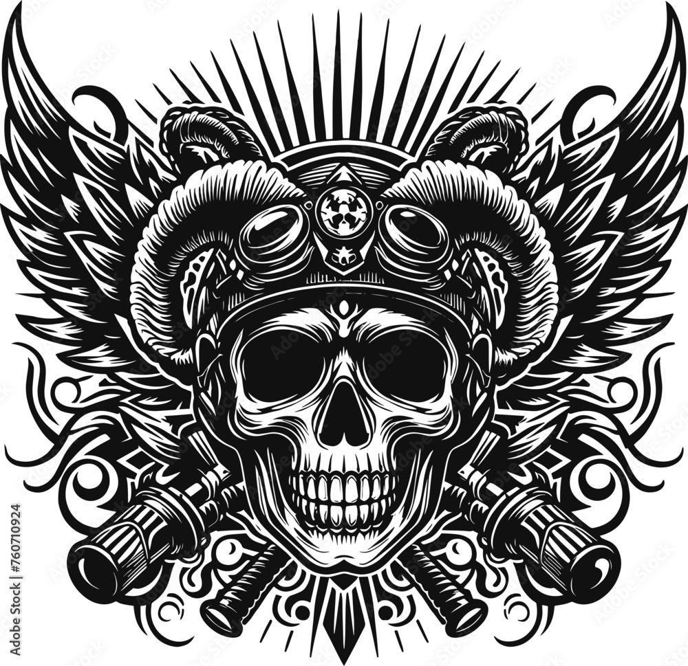 Fototapeta premium Black skull illustration and Vintage monochrome human skull with wing isolated on white background.