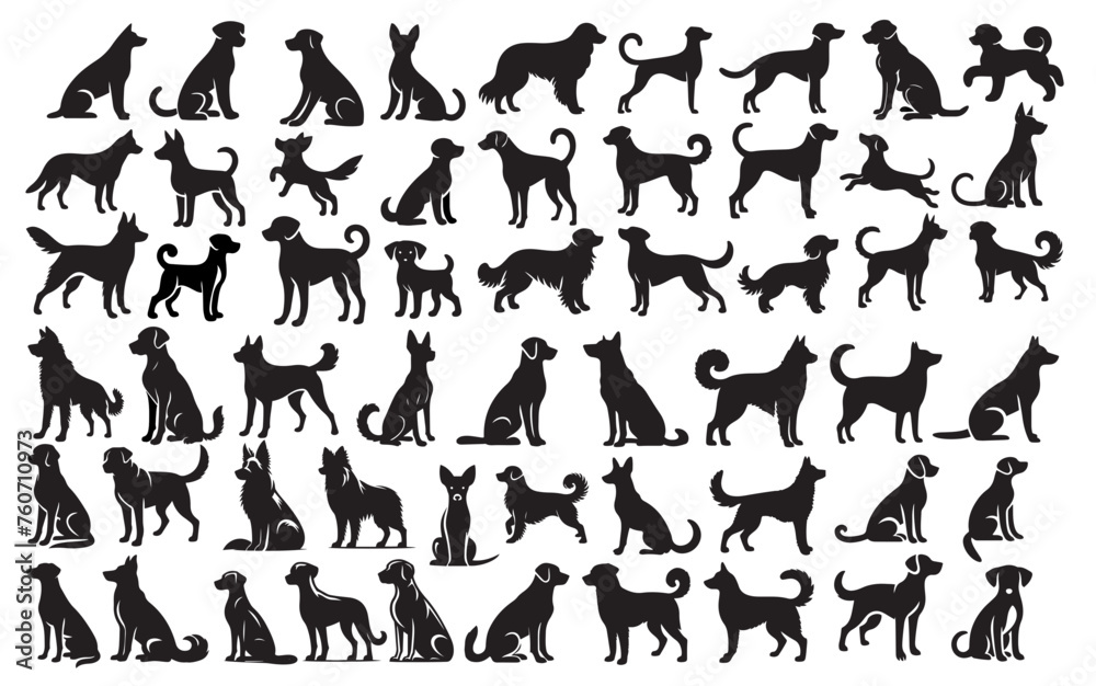 Celebrate the diversity of man's best friend with this set of dog silhouette designs, capturing various breeds in poses like standing, sitting, running, and jumping. 
