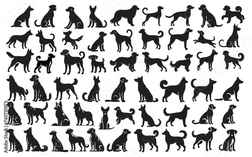Celebrate the diversity of man's best friend with this set of dog silhouette designs, capturing various breeds in poses like standing, sitting, running, and jumping. 