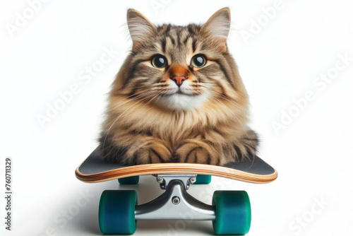 smiling cat on skateboard isolated on solid white background. ai generative