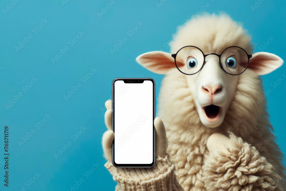 Shocked sheep in glasses holding smart phone mockup white screen over blue background. ai generative - obrazy, fototapety, plakaty 