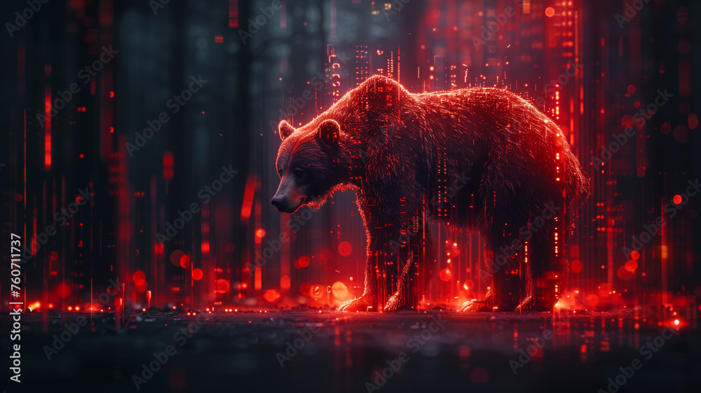 A bear is standing in a forest with red and blue lights surrounding it - obrazy, fototapety, plakaty 