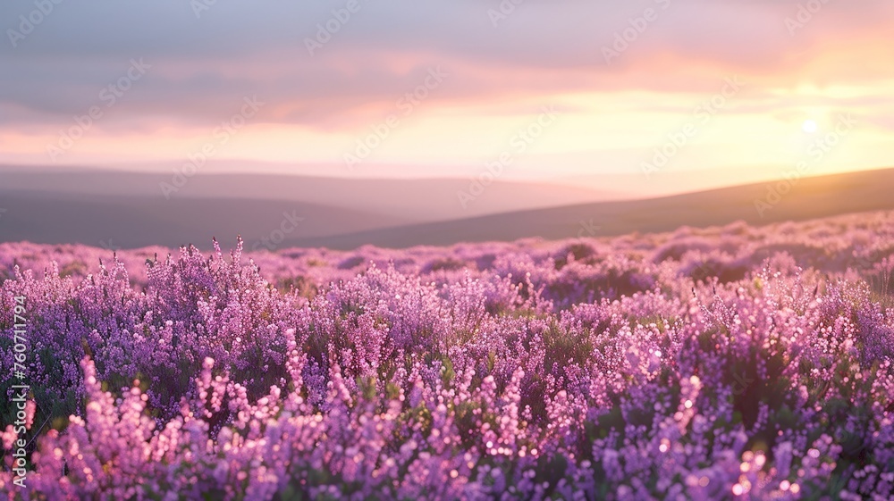 Obraz premium Heather blooms on an undisturbed moor under clear skies