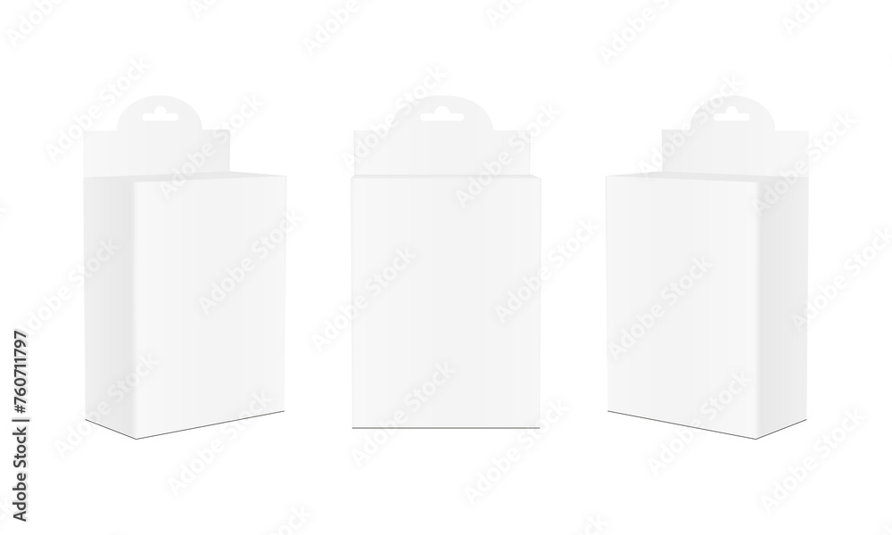 Fototapeta premium Hanging Packaging Boxes, Front And Side View, Isolated On White Background. Vector Illustration